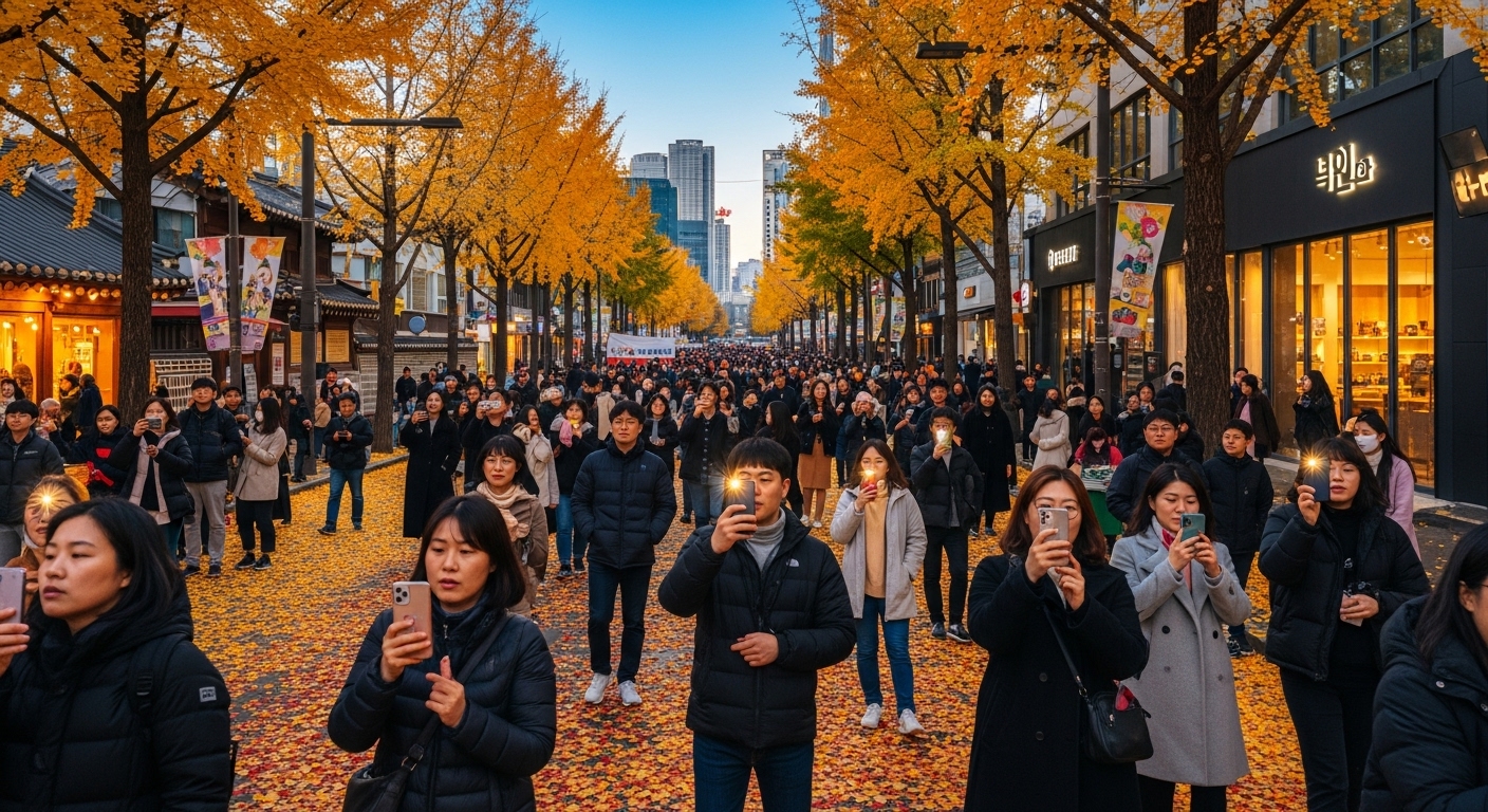 서울의 가을 거리에서 사람들은 휴대폰으로 라이브 스트리밍을 기다리는 모습