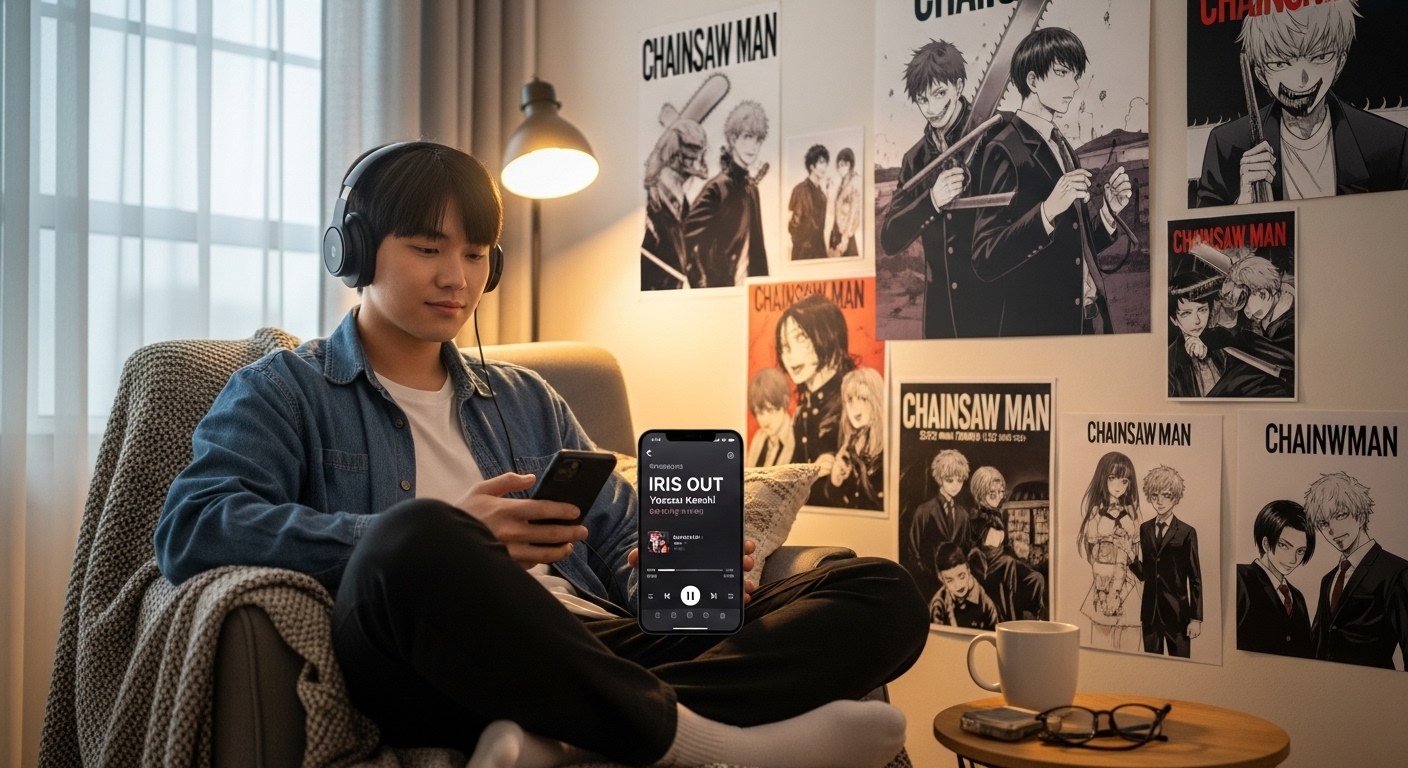 방 안에서 헤드폰을 쓰고 IRIS OUT을 듣는 음악 팬의 집중된 모습