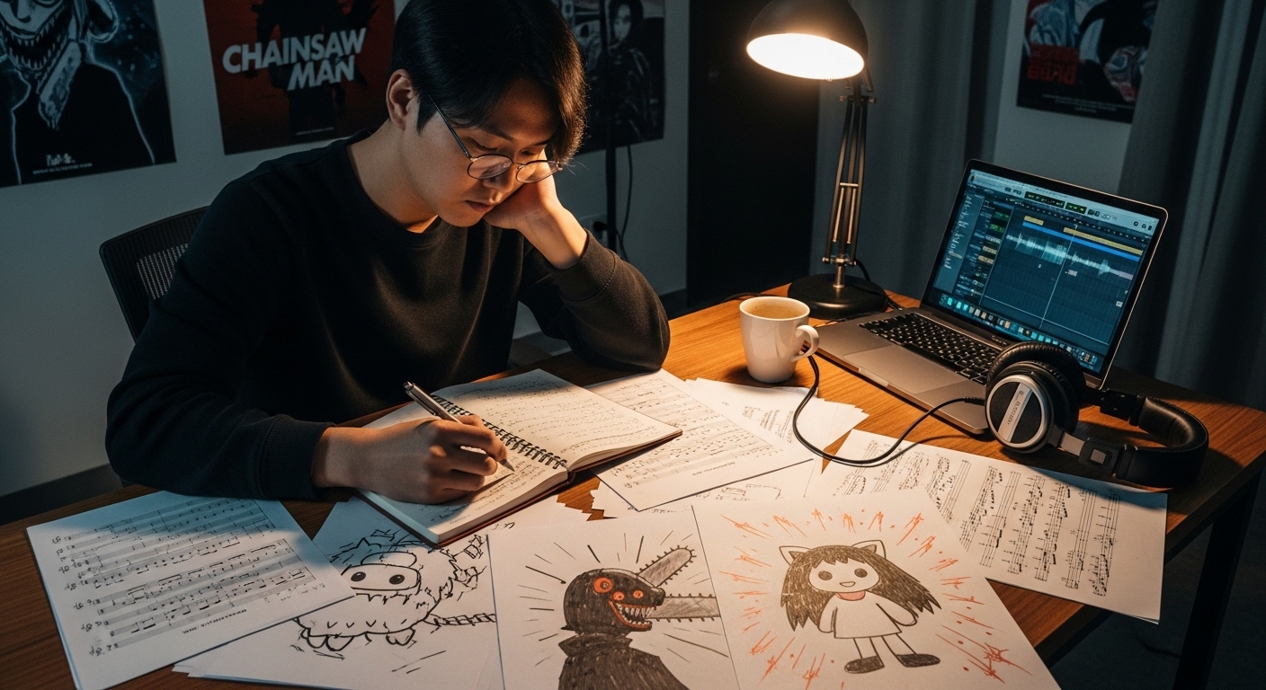책상 위에 악보와 초안들이 놓여 있고 체인소 맨 테마로 영감을 받아 작곡 중인 송라이터