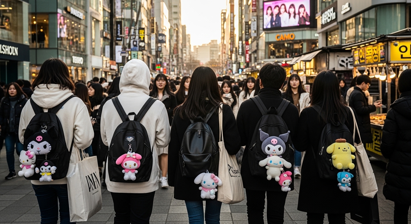 서울 거리에서 가방에 산리오 캐릭터 인형을 단 젊은이들