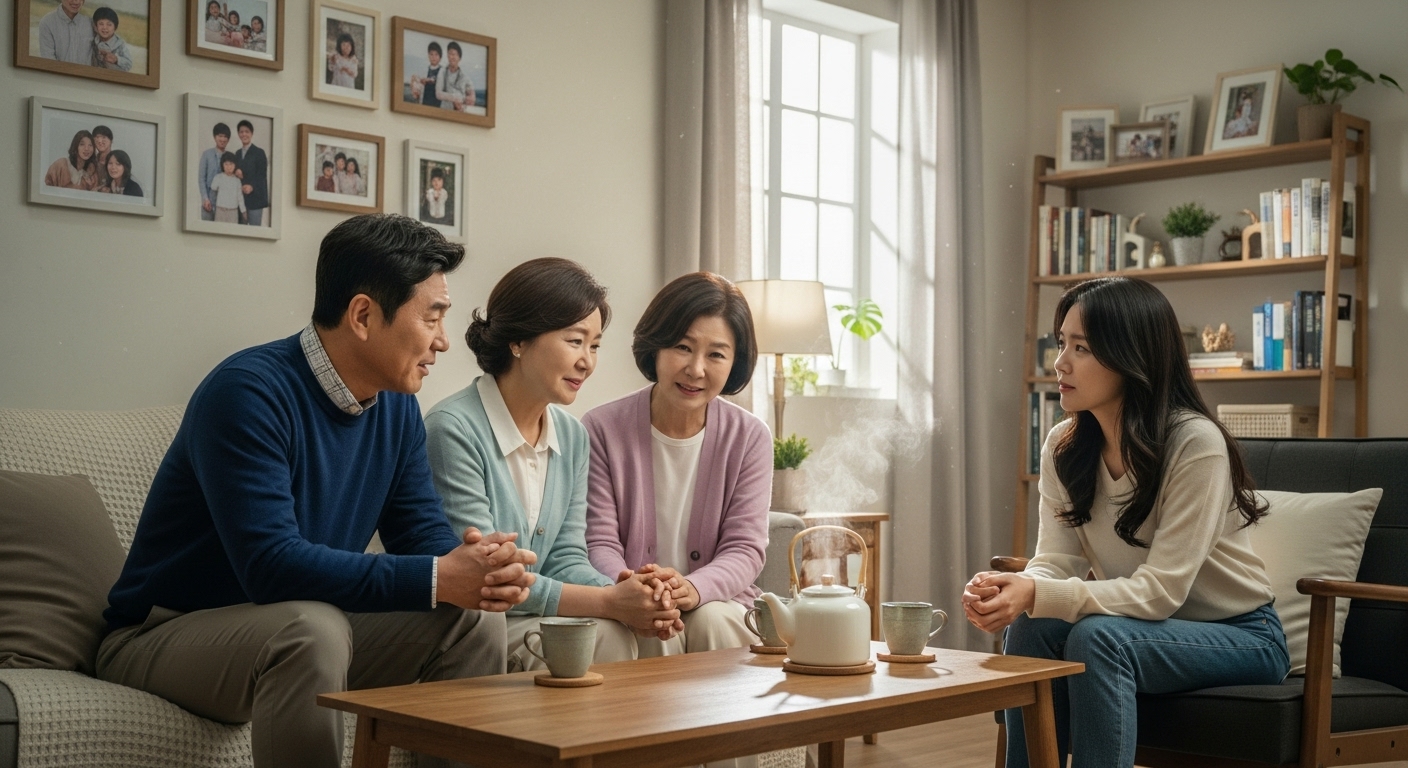 거실에서 자녀와 대화를 나누는 부모님의 따뜻한 순간