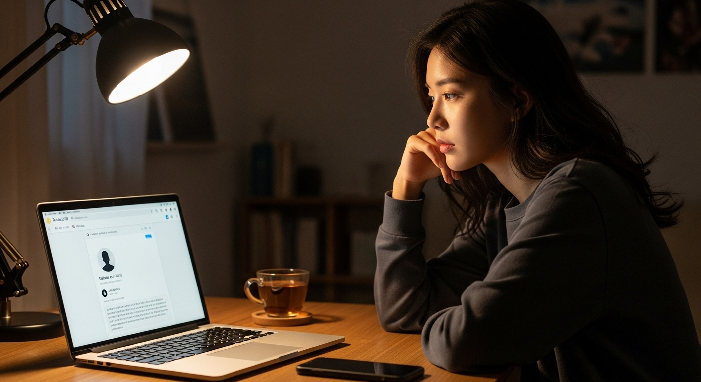 책상에 앉아 노트북을 바라보며 전 연인의 숨겨진 프로필에 대해 생각하는 여성