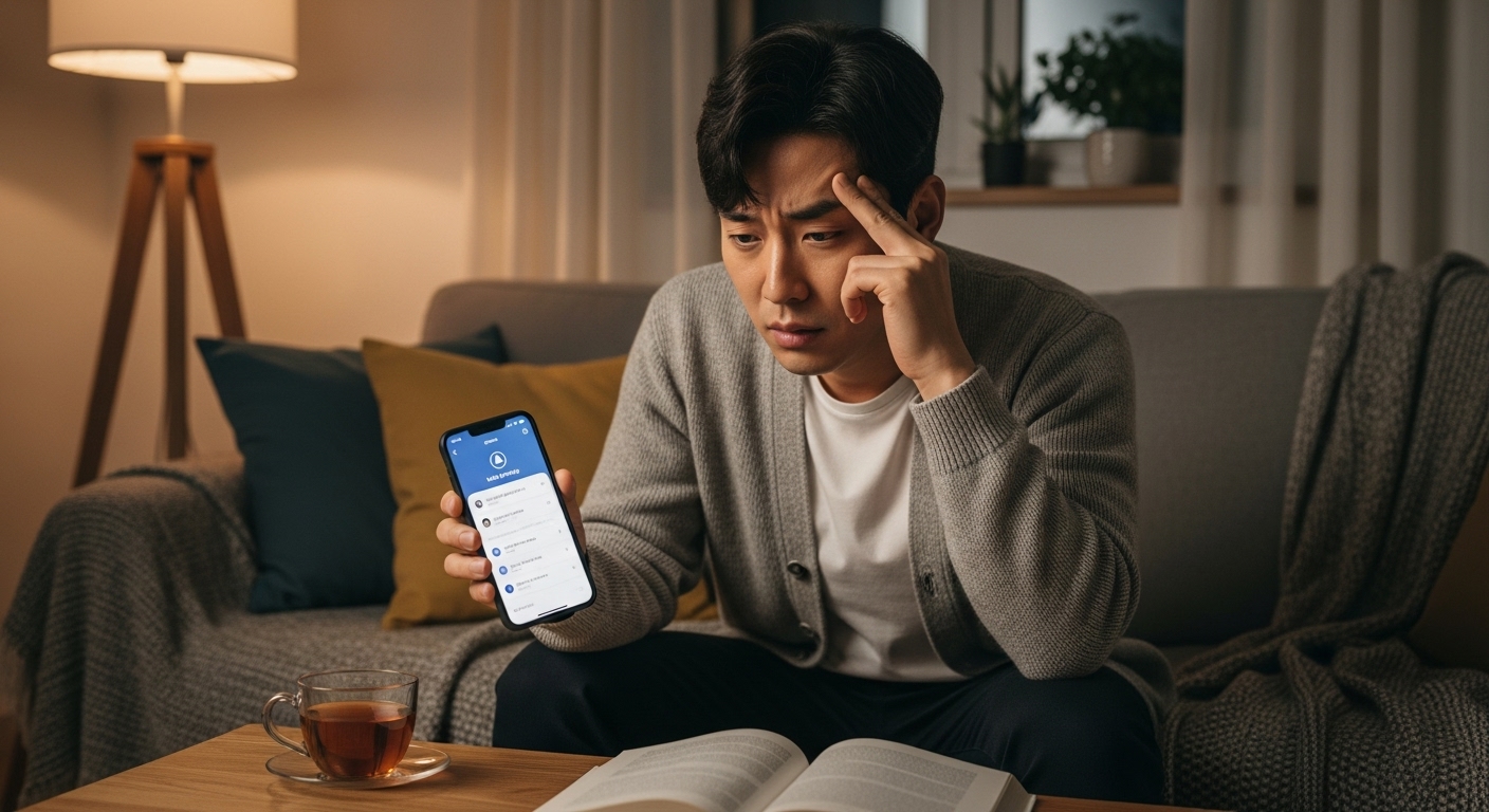 거실 소파에 앉아 휴대폰으로 멀티프로필 발견 후 배신감을 느끼는 남성