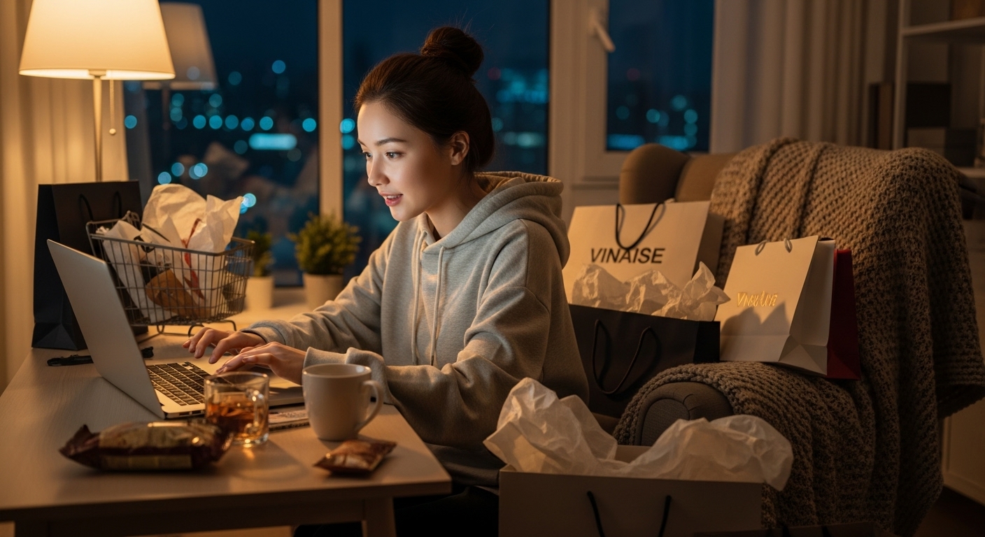 아늑한 방에서 노트북으로 온라인 장바구니를 정리하는 젊은 여성의 모습