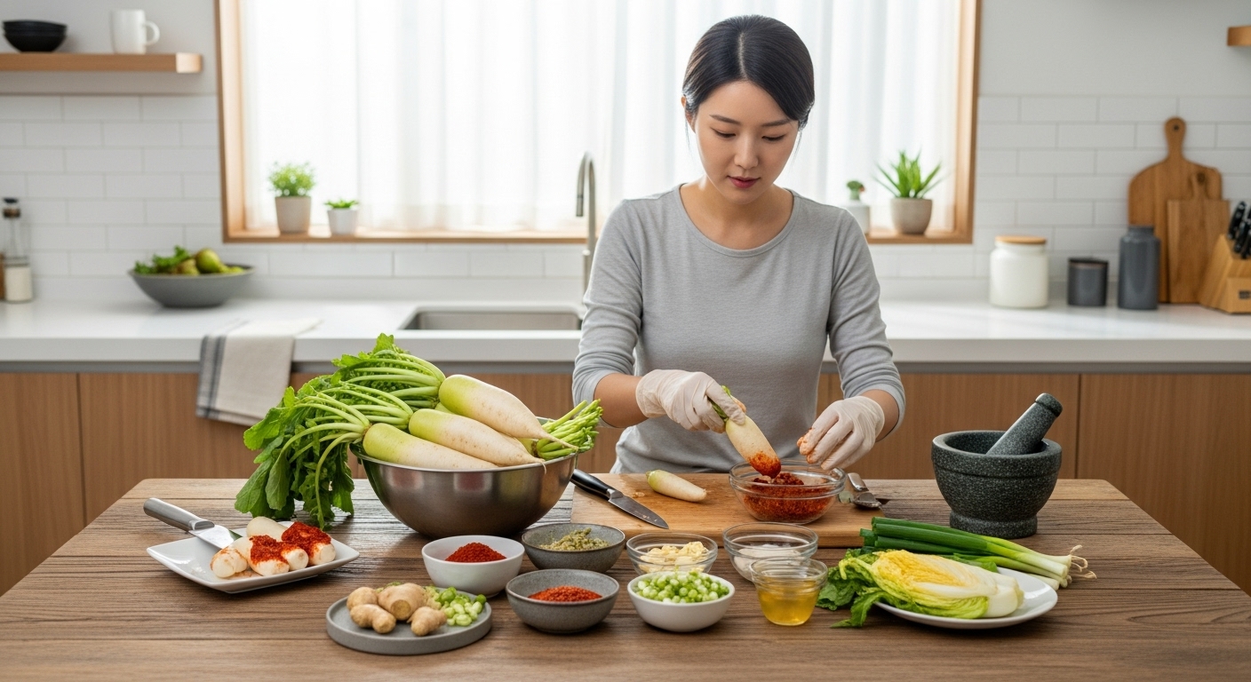 현대적인 주방에서 젊은 여성이 알타리무 김치를 준비하는 모습