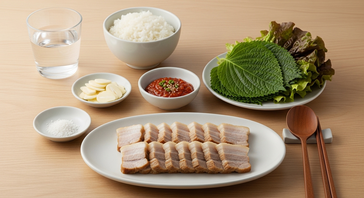 최소한의 재료로 구성된 깔끔한 수육 레시피 준비 장면