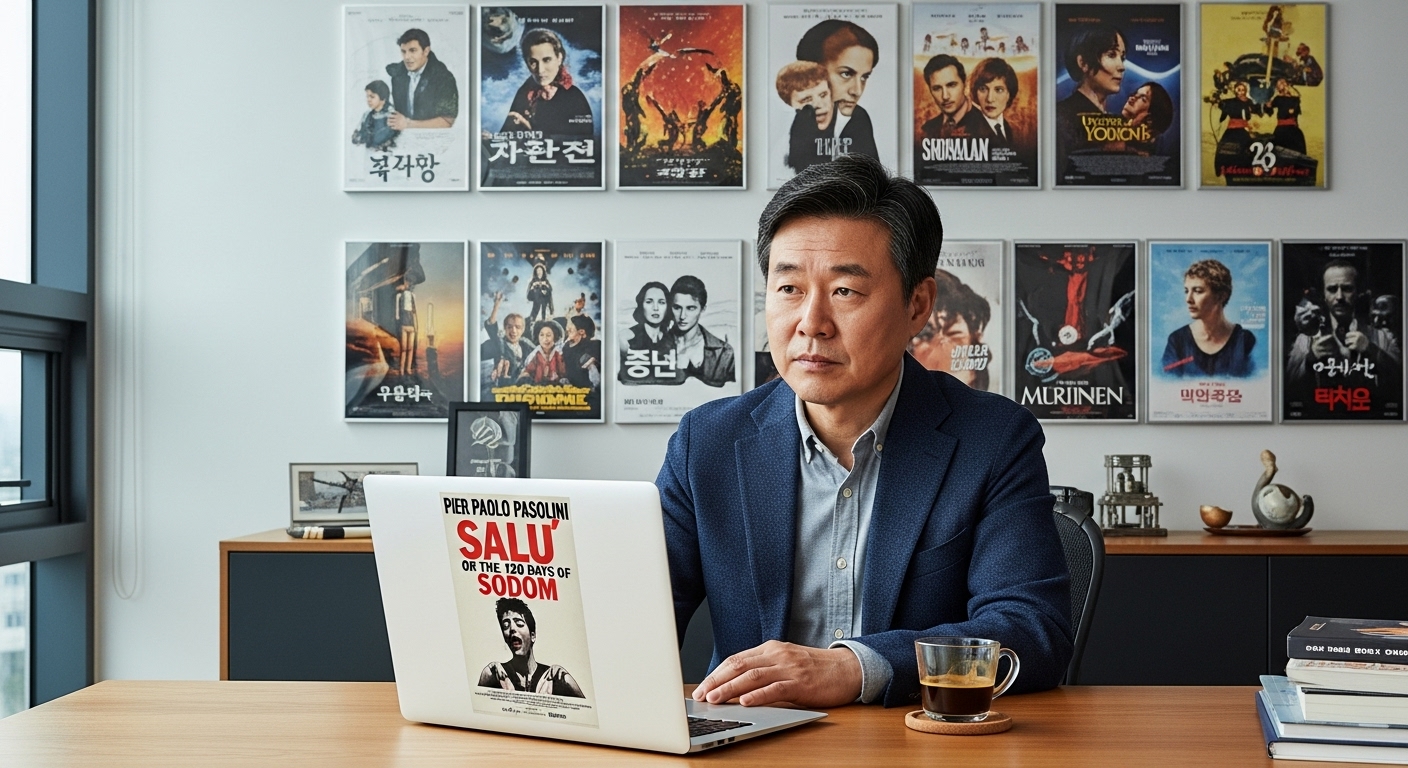 현대식 사무실에서 살로 영화 포스터와 노트북을 배경으로 앉아 있는 영화 평론가