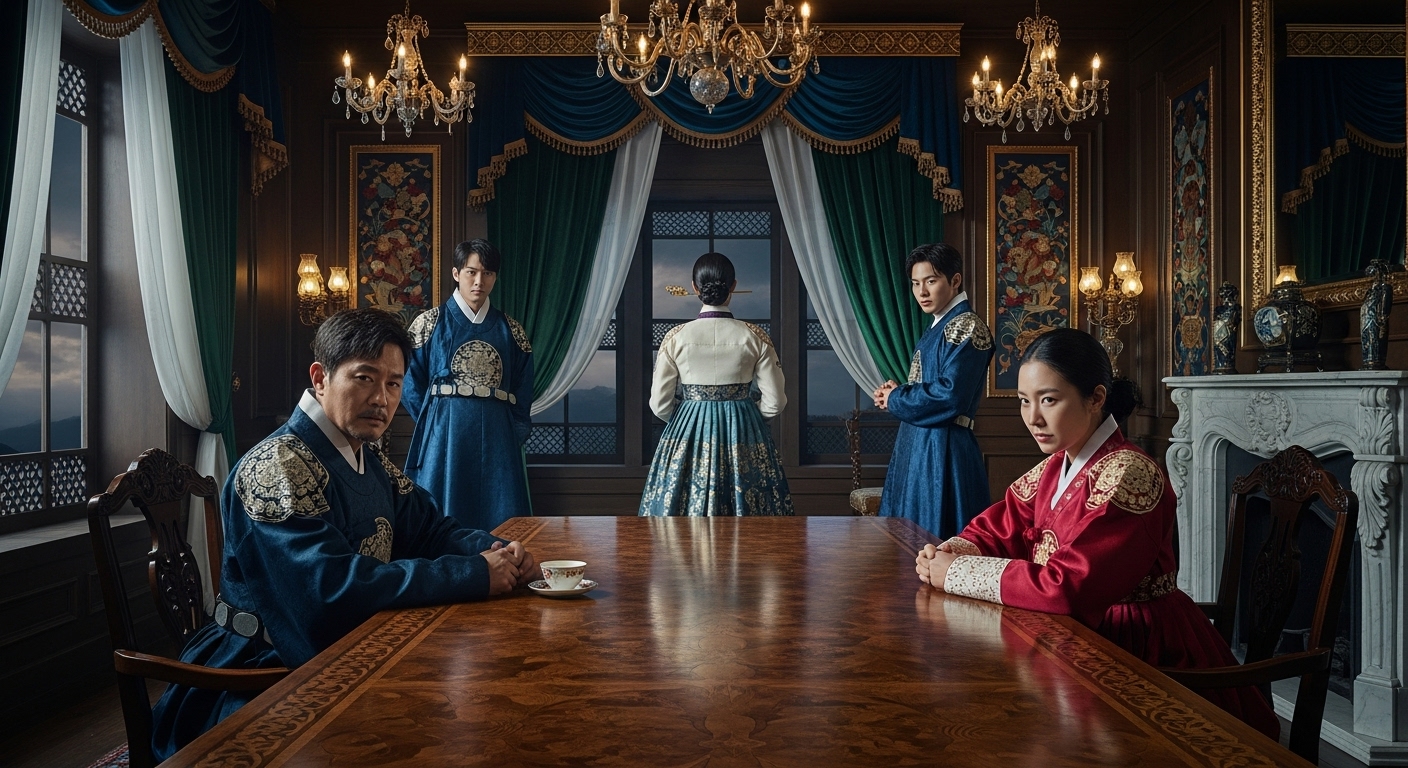 화려한 빌라에서 긴장된 분위기를 연출하는 네 명의 귀족 역할을 맡은 배우들