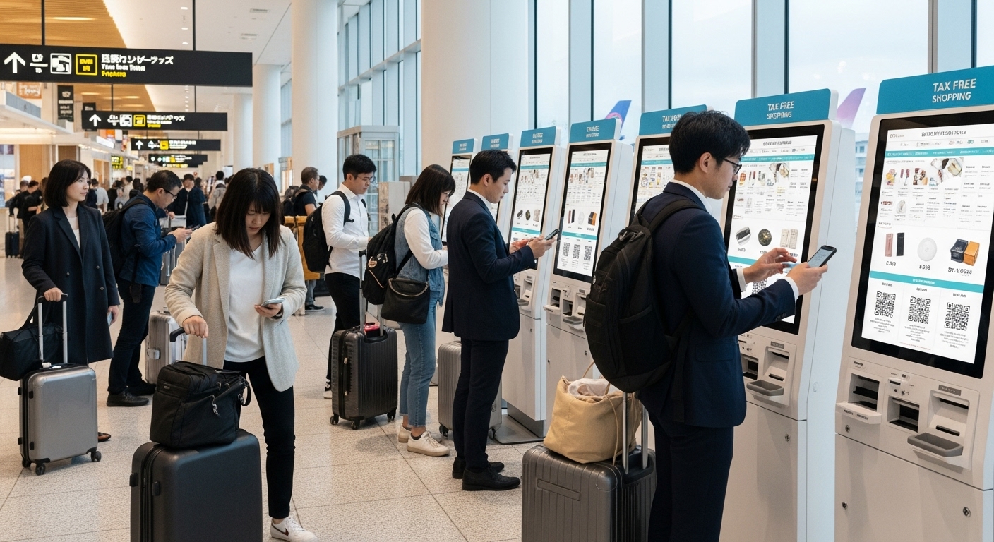 일본 공항에서 여행객들이 QR 코드를 활용한 디지털 면세 쇼핑을 하고 있는 모습