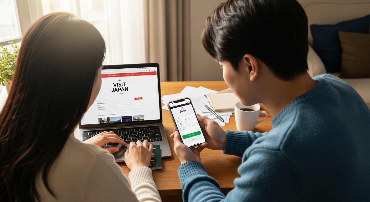 젊은 커플이 노트북과 스마트폰으로 비짓재팬 웹사이트에 등록하고 있는 장면