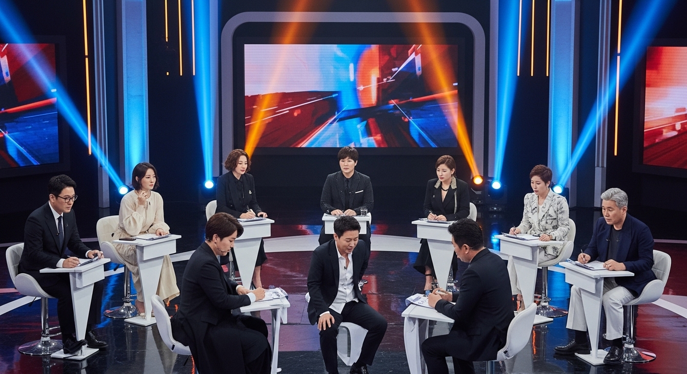현대적인 TV 세트에서 독특한 패션과 개성을 드러내며 공연을 평가하는 여덟 명의 한국 심사위원들