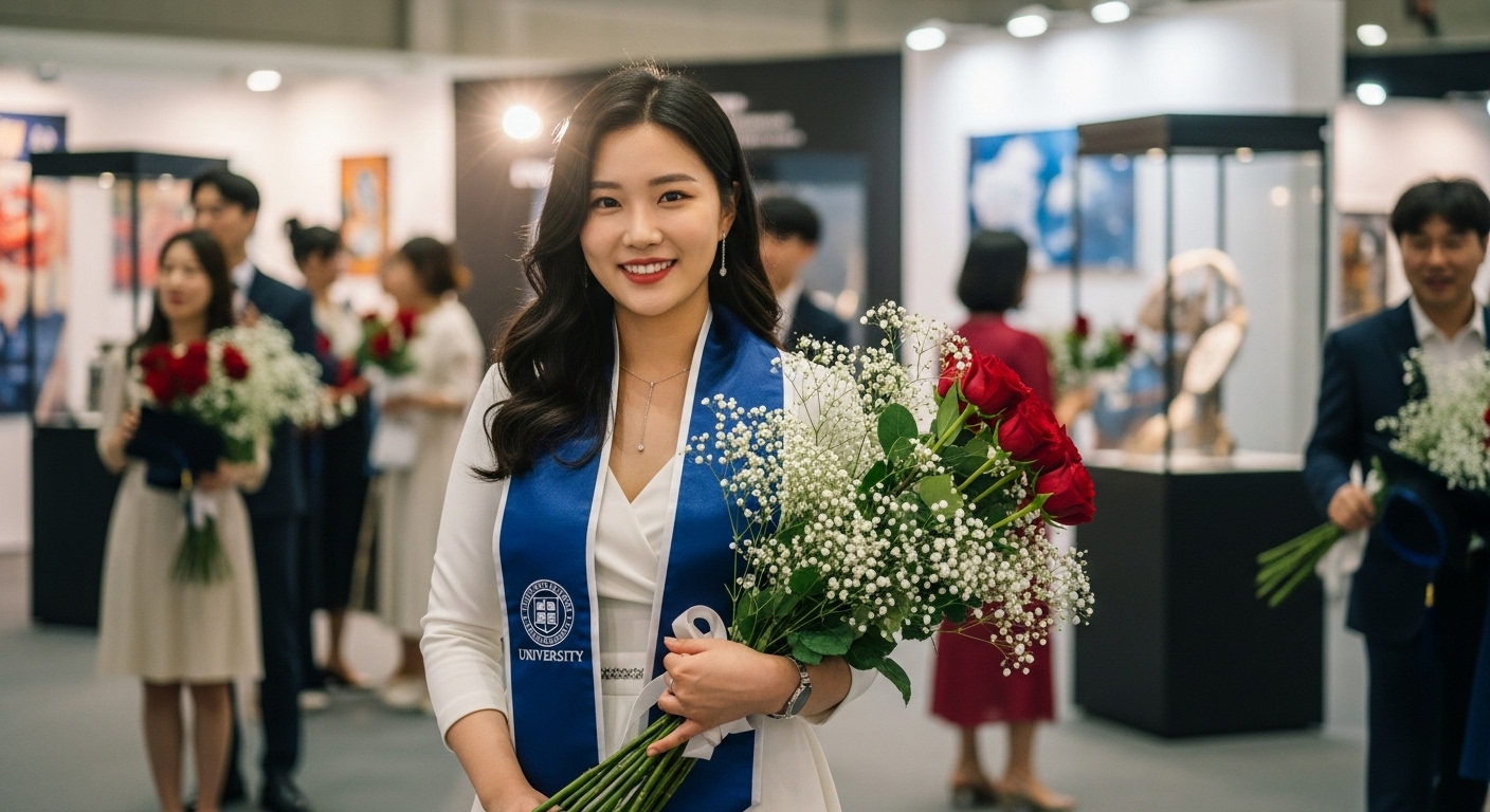 전시장에서 장미와 안개꽃으로 구성된 꽃다발을 든 졸업생