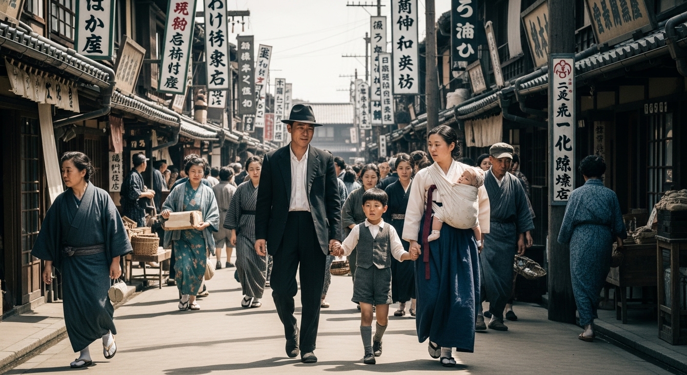 1945년 오사카 거리에서 걷고 있는 한인 가족의 모습