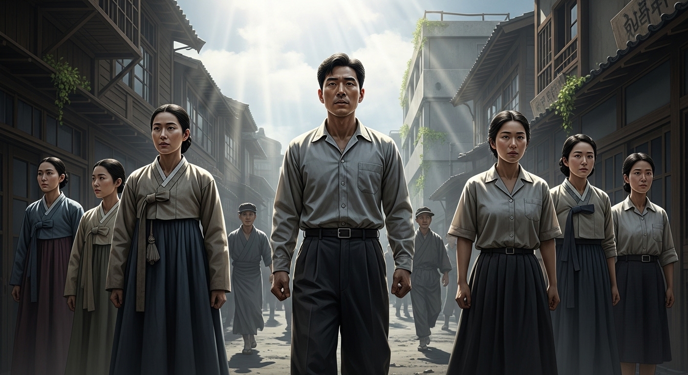 전후 일본을 배경으로 전통과 현대 의상을 입고 성장을 보여주는 다양한 인물들