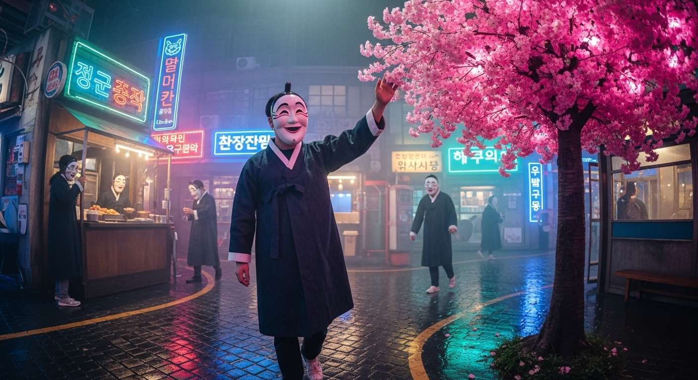 한국 관객이 마스크를 쓰고 서울에서 이머시브 극장 세트를 탐험하는 모습