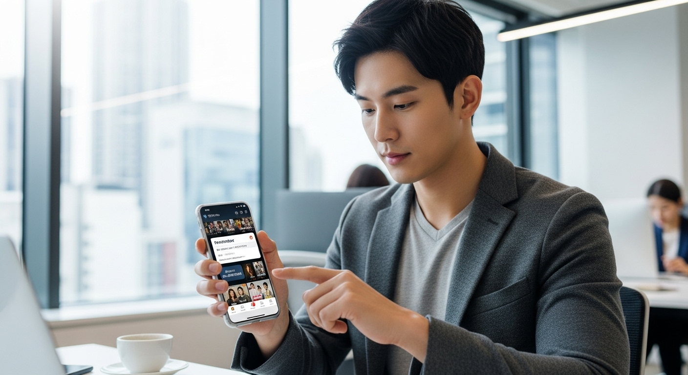 젊은 직장인이 스마트폰으로 방송 일정을 설정하는 모습