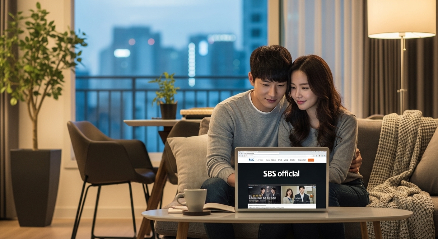 세련된 도시 아파트에서 노트북으로 SBS 공식 웹사이트를 탐색하는 커플