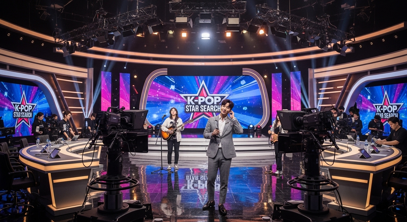 음악 오디션 쇼를 준비하는 한국의 현대적인 TV 스튜디오 세트
