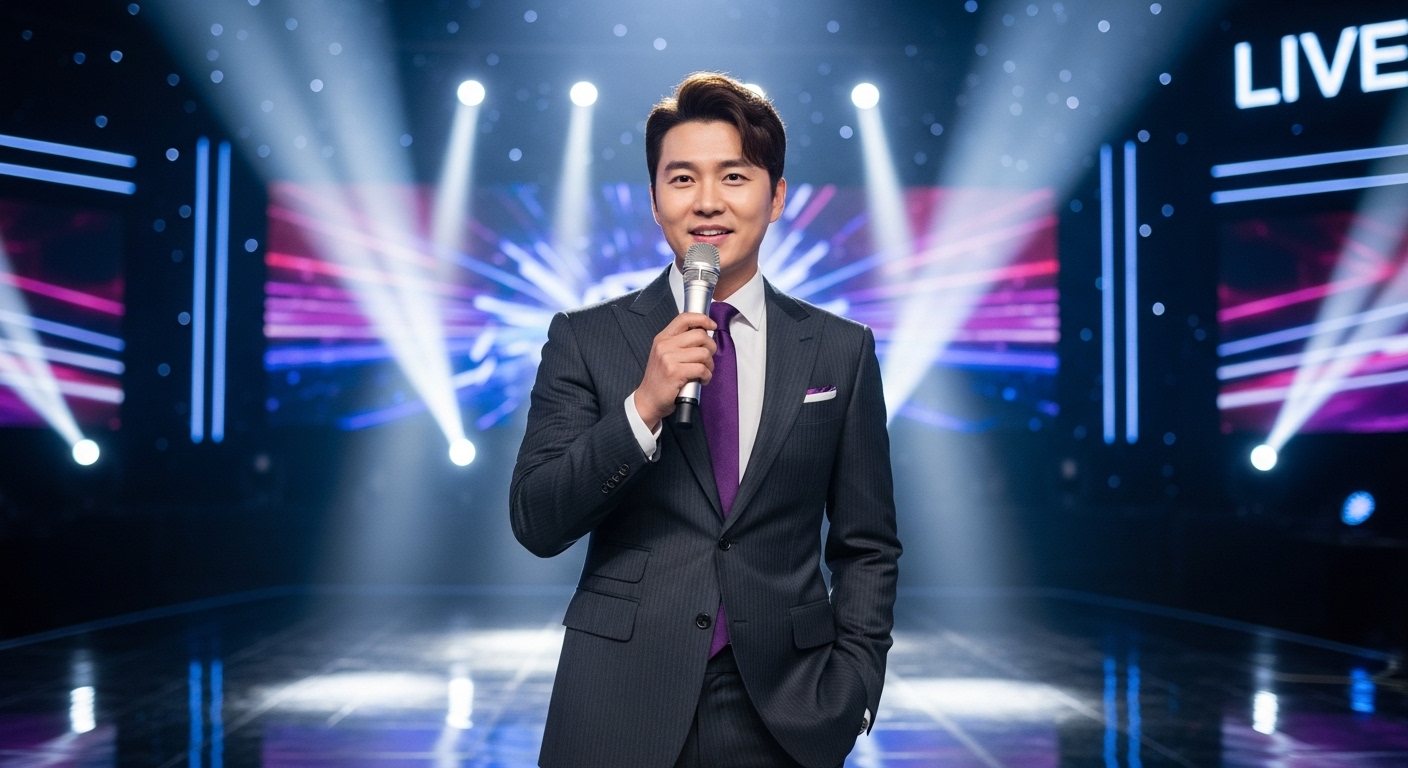 노래 경연 방송 중 마이크를 들고 무대에 서 있는 자신감 넘치는 남성 진행자