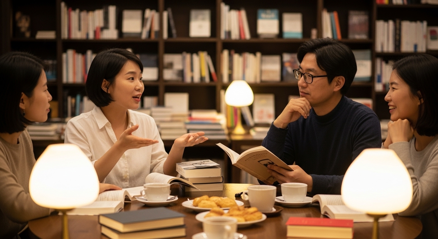독서 모임에서 사람들과 대화를 나누고 있는 장면