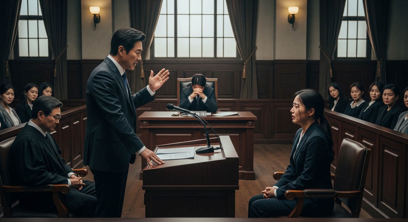 법정 장면에서 감정을 강렬하게 표현하는 한국 배우들