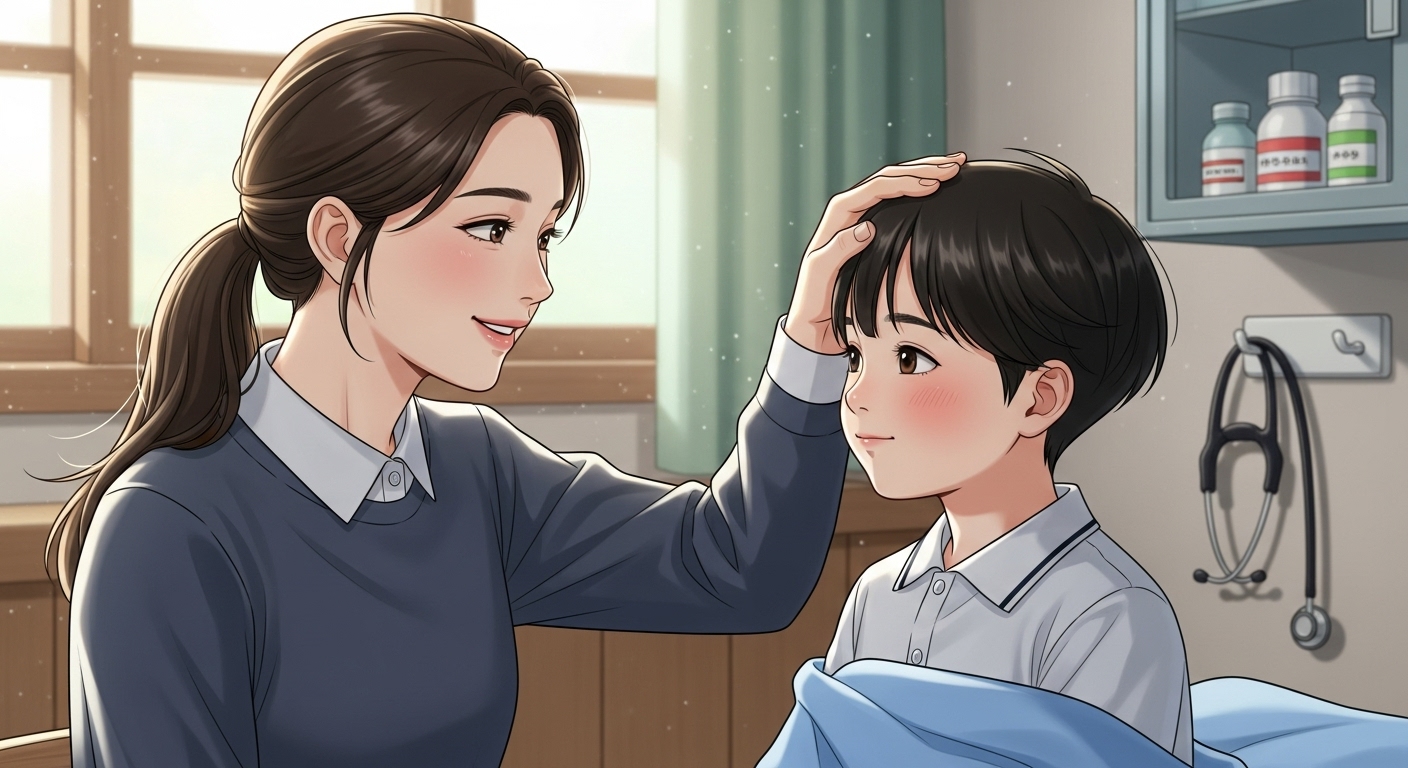 보건실에서 선생님이 학생의 체온을 확인하는 장면