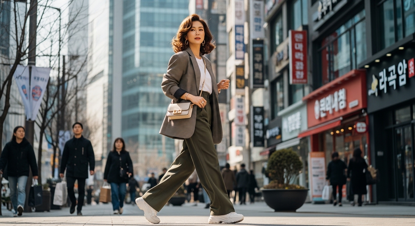 갈색 머리를 한 여성이 도시 거리에서 걷는 모습