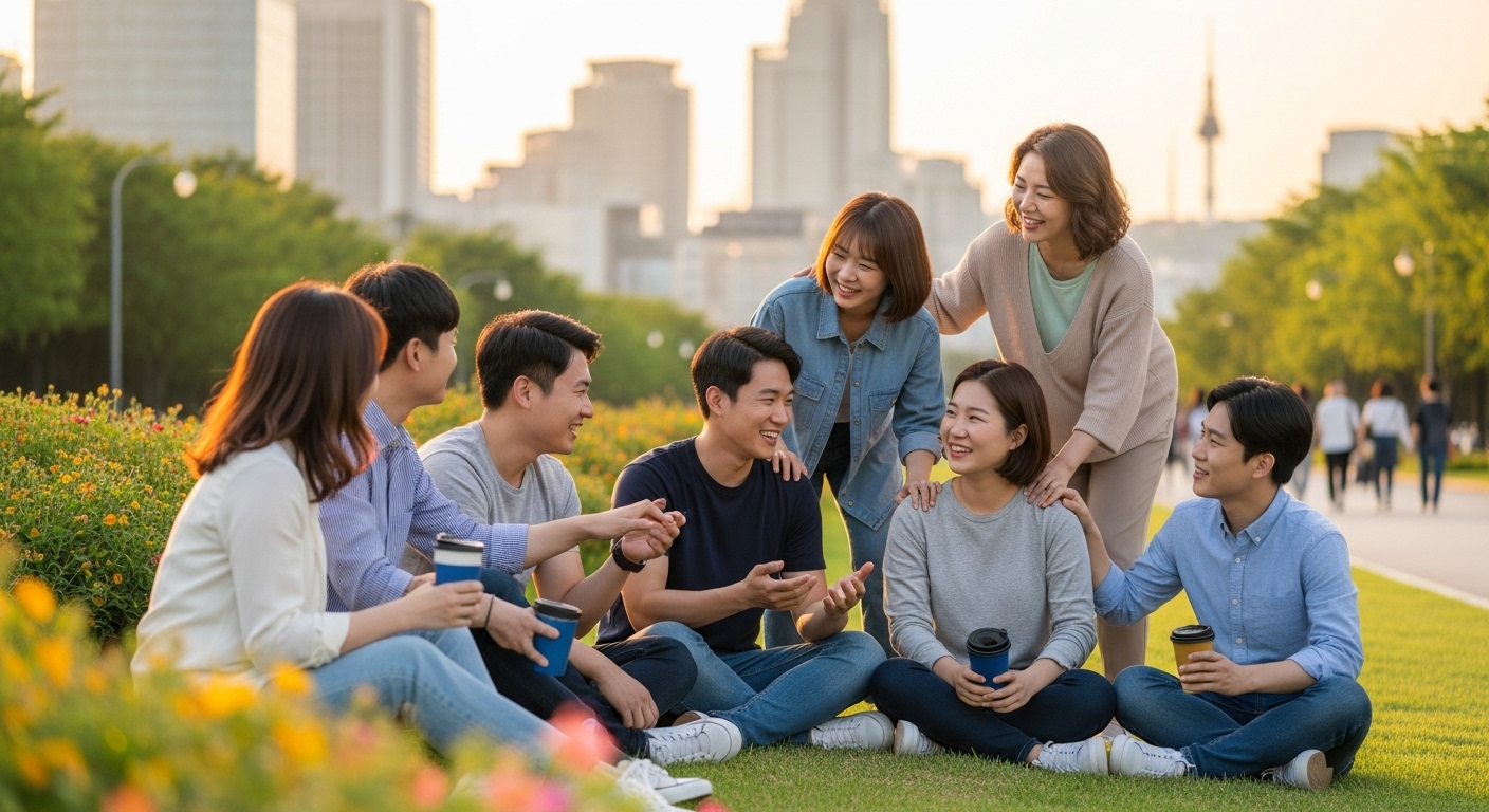 경제 위기 속 도시 공원에서 함께 웃고 있는 다양한 청년들
