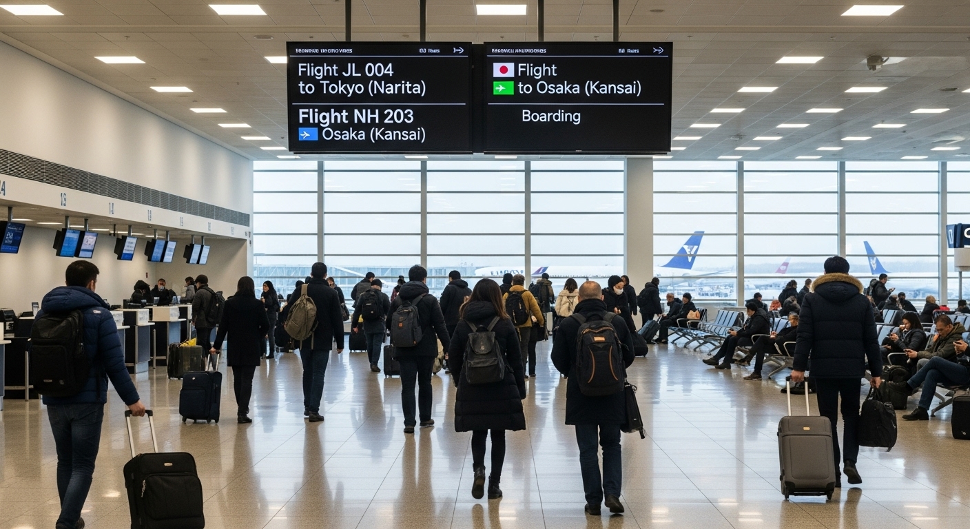 겨울옷을 입고 공항 터미널을 오가는 사람들의 분주한 모습