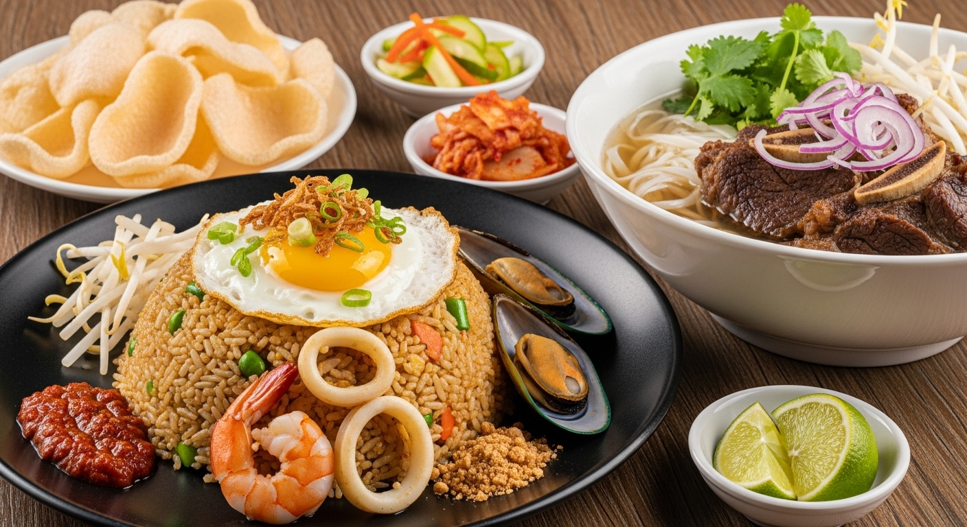해산물 나시고렝과 갈비 쌀국수가 놓인 테이블 클로즈업