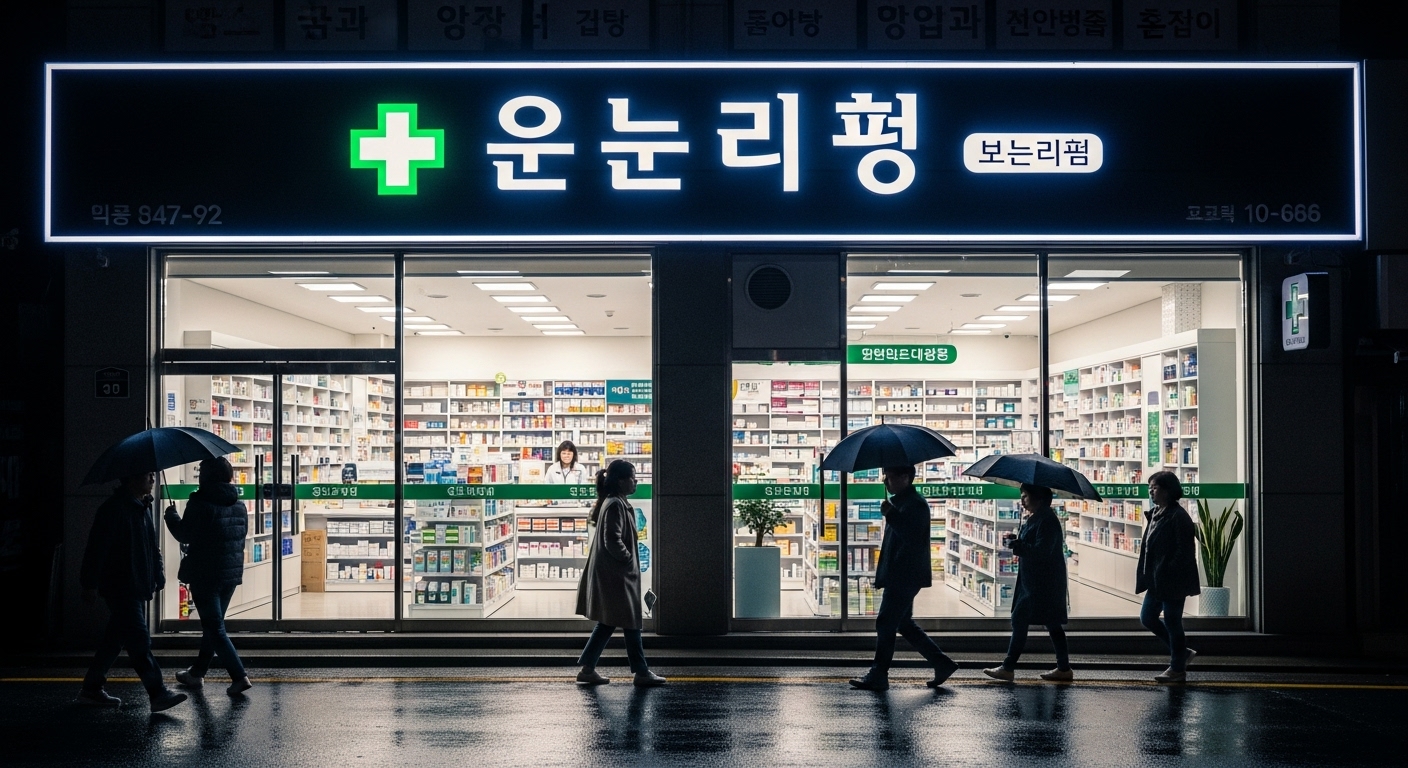 대구 북구에 위치한 밤에도 환하게 불이 켜진 약국과 늦은 시간에 지나가는 행인들