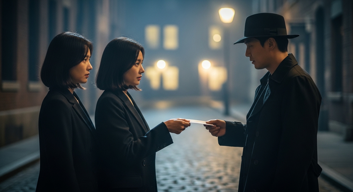 밤길에서 비밀리에 만나는 두 여성과 남성