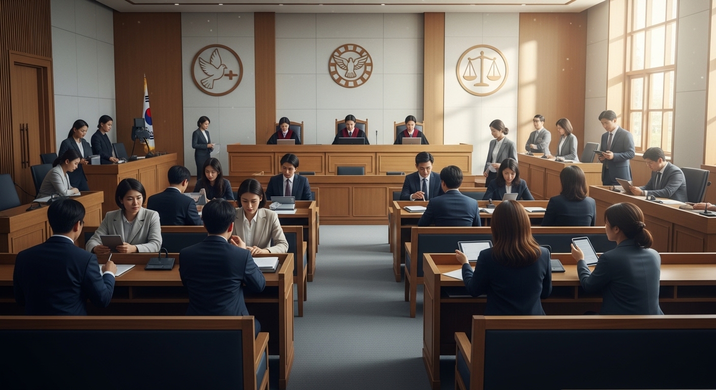 한국의 현대적 법정에서 인권 상징과 함께 다양한 사람들이 법 개혁을 논의하는 모습