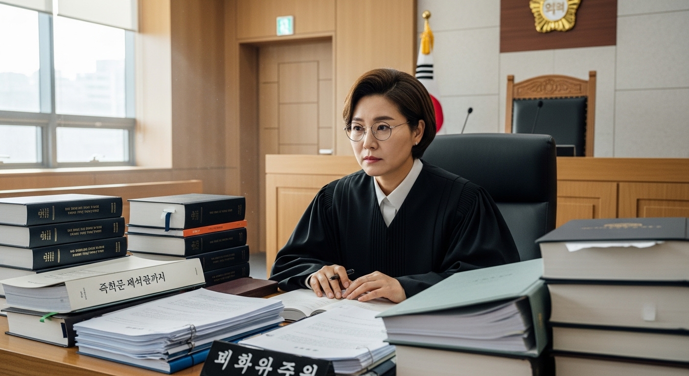 법정에서 사회적 약자의 권리를 보호하기 위해 노력하는 한국 판사의 진지한 모습