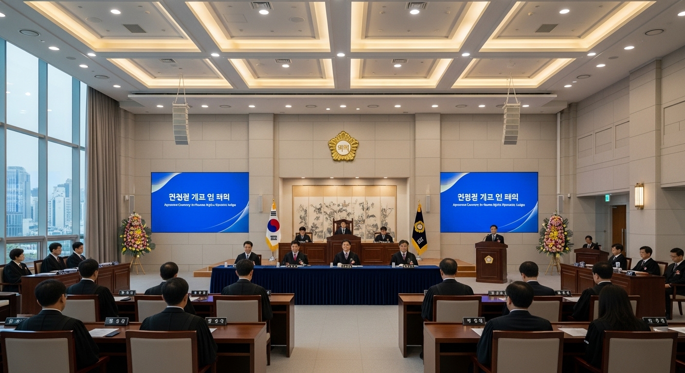 현대적인 한국 법원에서 인권 전문 판사들의 임명식 장면