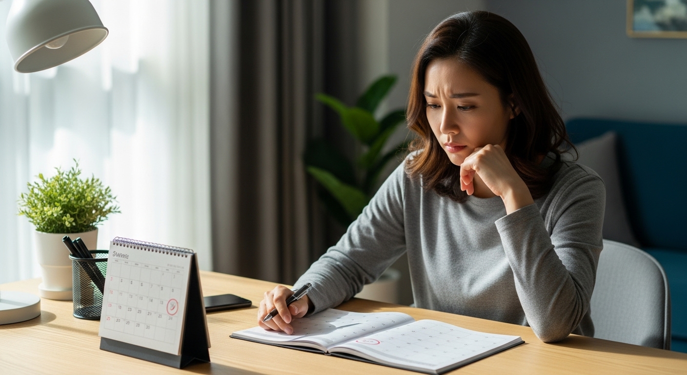 한 여성이 책상에 앉아 달력을 보며 고민하는 모습