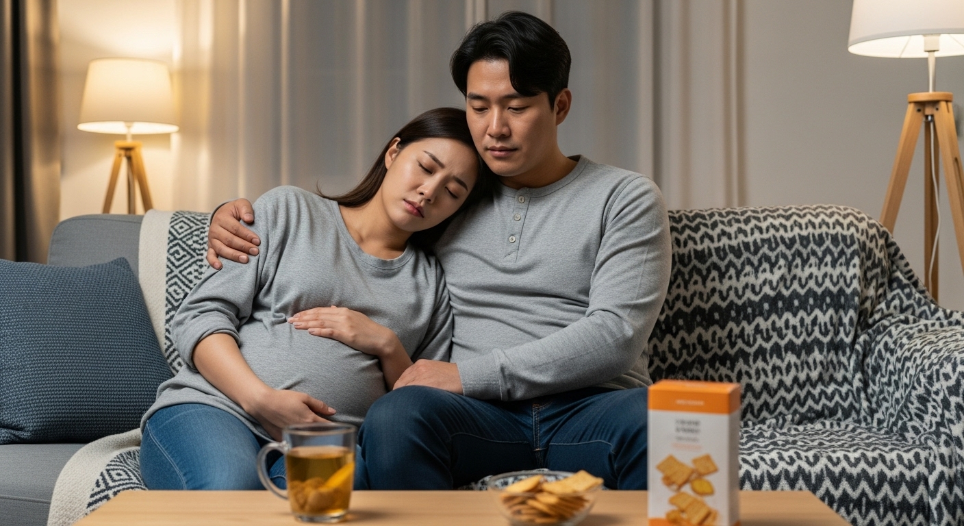 피로와 메스꺼움을 겪으며 서로를 위로하는 커플의 일상 모습