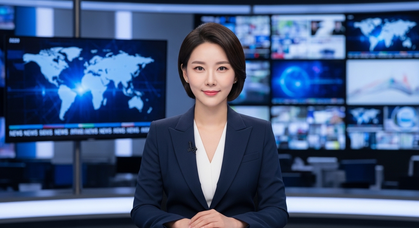 현대적 뉴스 스튜디오에서 디지털 화면을 배경으로 서 있는 프로페셔널한 여성 아나운서