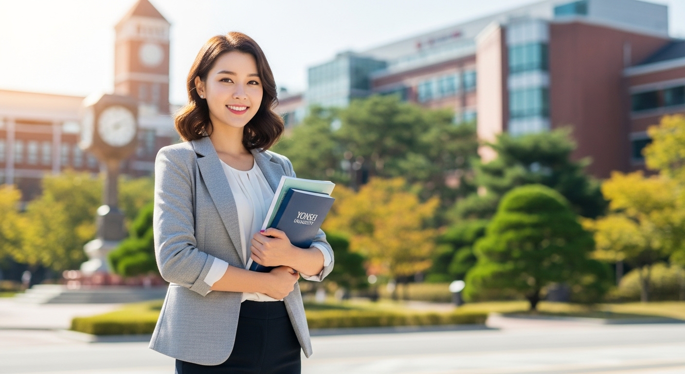 연세대학교 캠퍼스에서 책을 들고 있는 자신감 있는 젊은 여성의 모습