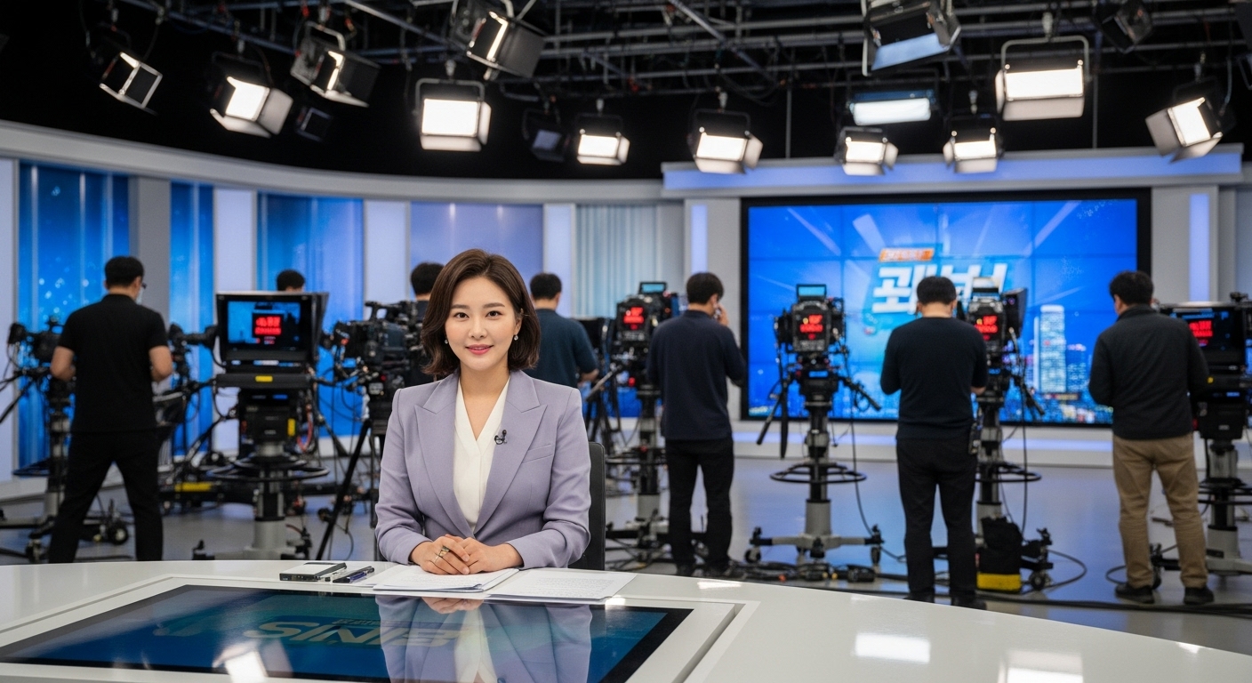 생방송 아침 뉴스 세트장에서 카메라와 스태프들 사이에 있는 한국 여성 진행자의 역동적인 모습