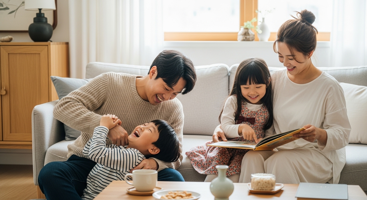 두 자녀와 함께 가정에서 여유로운 시간을 보내는 현대적 한국 가족의 따뜻한 모습