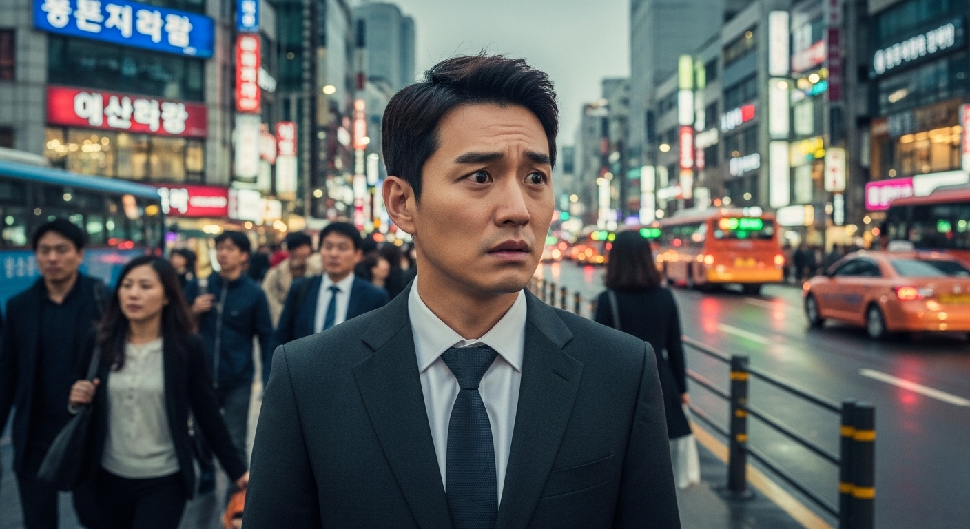 서울 거리에서 걱정스러운 표정을 짓고 있는 직장인
