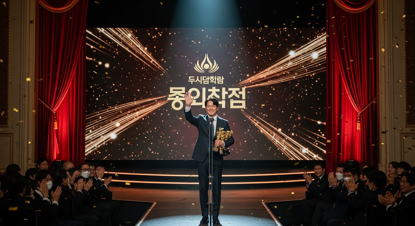 우아한 배우가 여러 상을 받으며 스포트라이트를 받는 시상식 장면