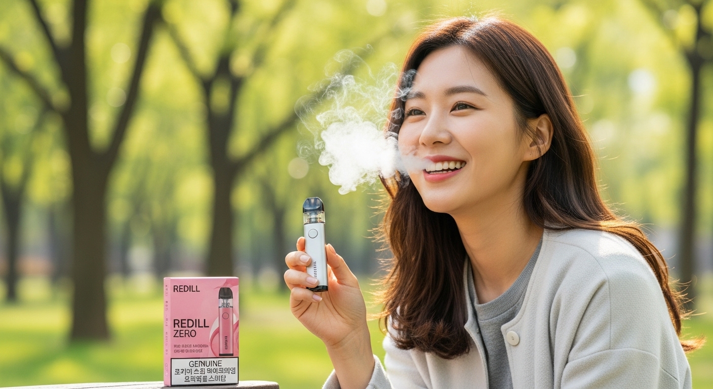 공원에서 정품 포장과 함께 안전하게 베이핑을 즐기는 여성