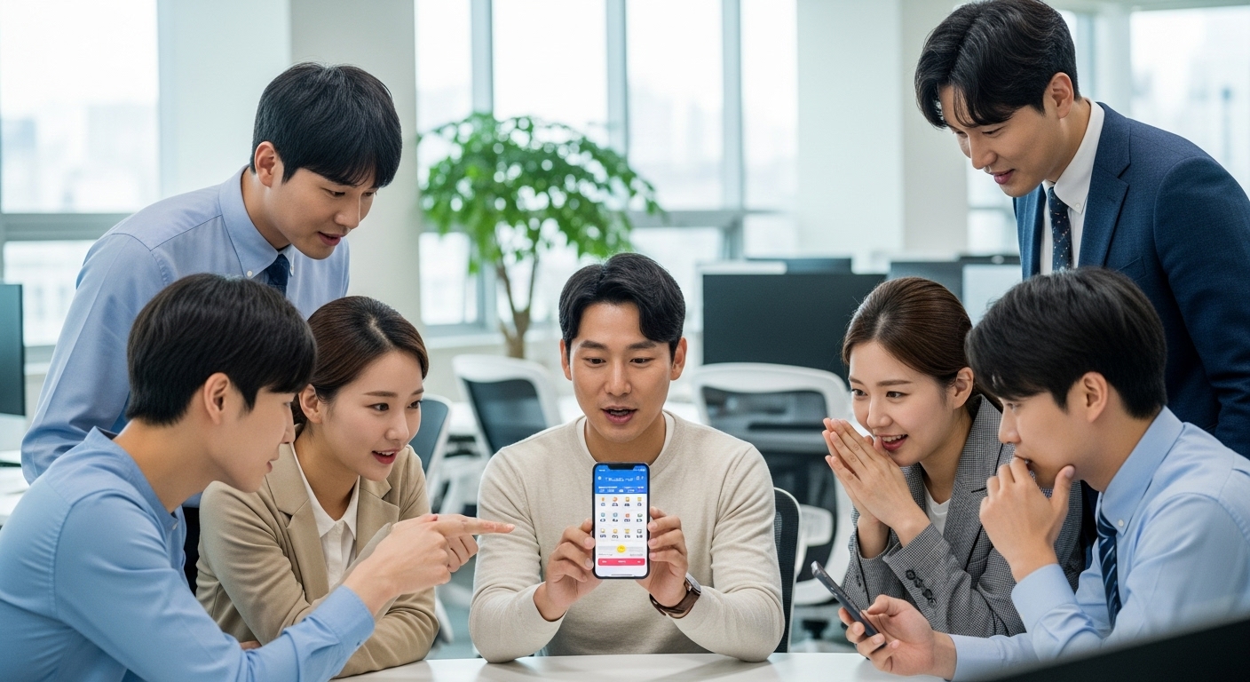 사무실에서 스마트폰 앱을 이용해 복권형 이벤트에 참여하는 직장인들