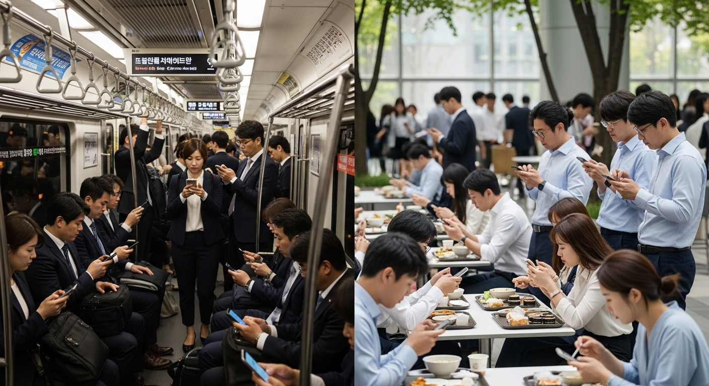출퇴근길과 점심 시간에 휴대폰을 확인하며 이벤트에 두 번 참여하는 직장인들