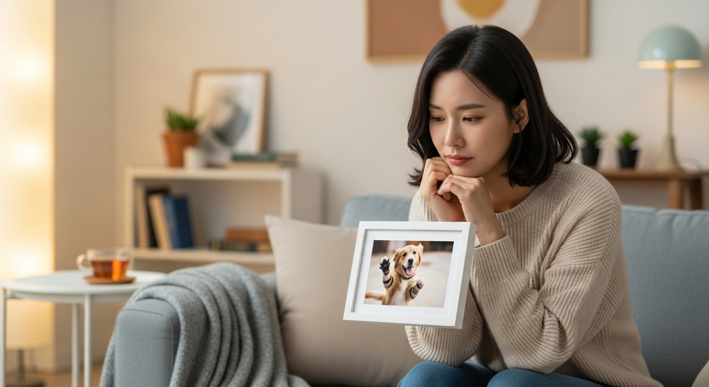 여성이 소파에 앉아 반려동물 사진을 보며 깊은 생각에 잠긴 모습