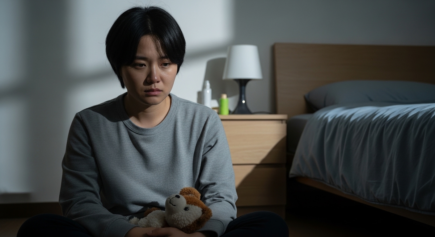 침실에서 반려동물의 장난감을 들고 후회의 표정을 짓는 사람