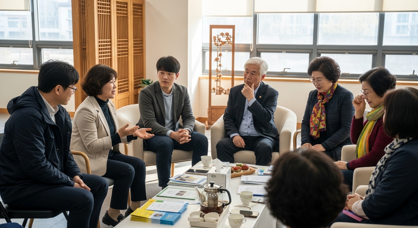 커뮤니티 센터에서 반려동물 상실에 대한 인식 개선을 위한 토론 중인 다양한 사람들