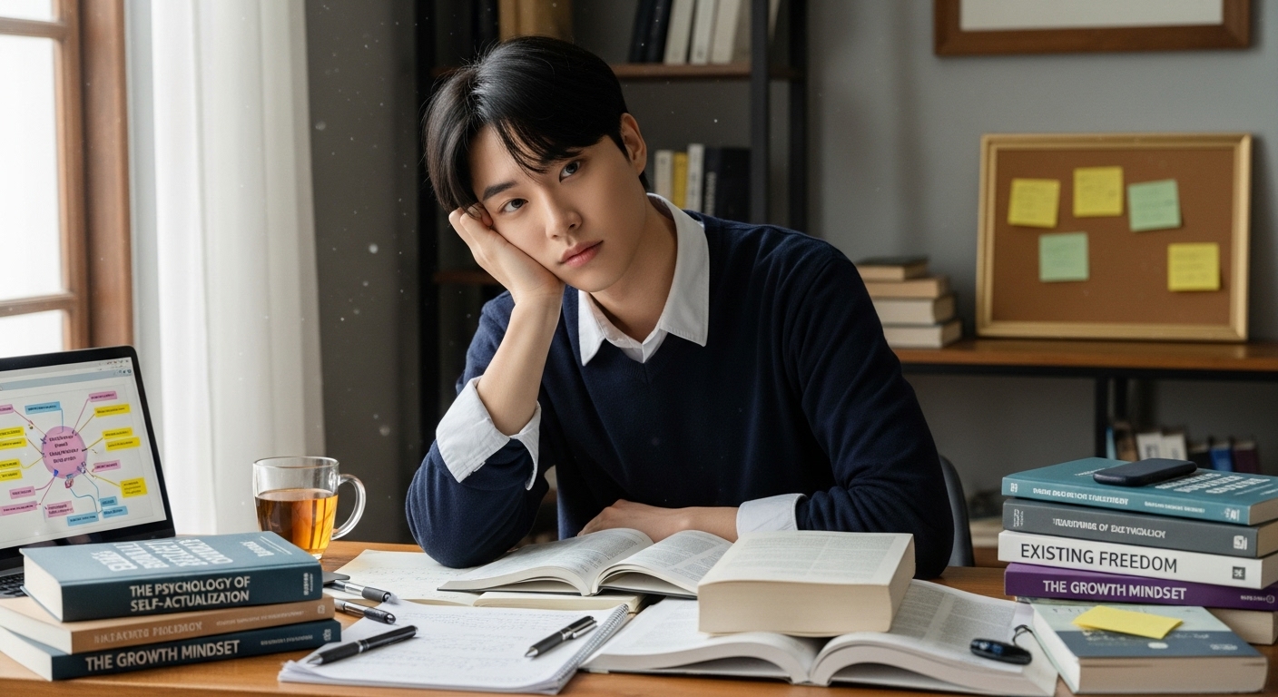 책상에 앉아 심리학 책을 보며 깊은 생각에 잠긴 학생의 모습